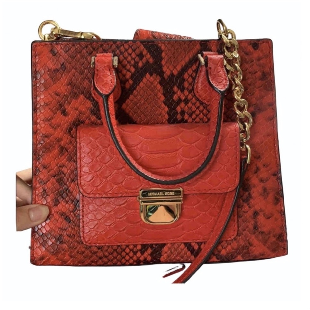 New Michael Kors Bridgette snake red sangria bag